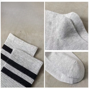 Close-up of striped cotton crew socks showing knitted details of cuff, heel and toe
