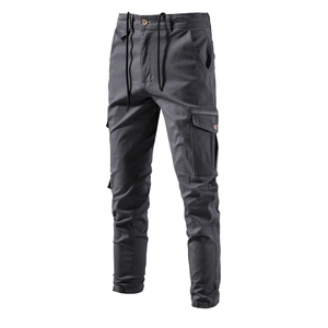 Men's dark grey cargo pants with drawstring waist and multiple large utility side pockets
