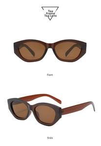 Front and side view of tea-colored cat eye sunglasses with narrow oval frames