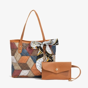 Large capacity geometric patchwork tote bag set with matching pouch and decorative scarf