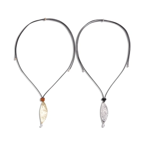 Vintage leather cord necklaces with gold and silver hammered leaf pendants