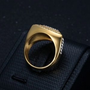 Hip hop gold plated stainless steel ring with micro paved white rhinestones in wide design