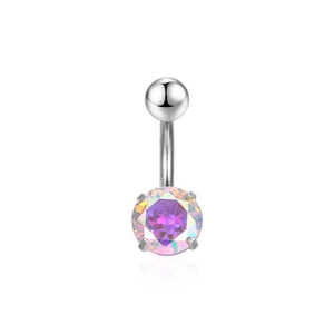 Macro shot of silver stainless steel belly button ring with a purple rainbow zircon gem