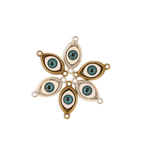Macro detail of alloy evil eye charms with antique bronze and silver metal connectors