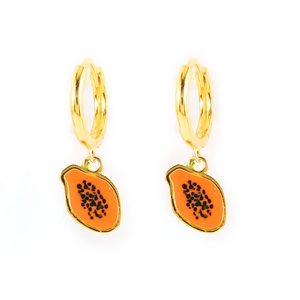 Close-up of S925 silver hoop earrings with orange enamel papaya fruit charms