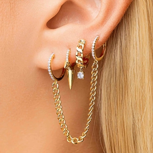 Gold Plated Copper Zirconia Tassel Chain Hoop Earrings Set Punk Spike Rivet Geometric Drop Earrings For Women Jewelry