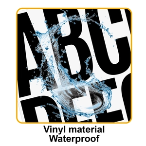 Detailed macro view of waterproof vinyl alphabet sticker with splashing water effect