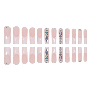 Faux ongles French manucure avec strass colorés sur base nude de forme carrée