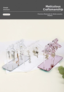Acrylic earring display stands in transparent, mirror silver, and purple mirror finishes