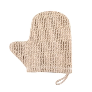 Exfoliating linen bath glove with textured fiber mesh and a convenient hanging loop