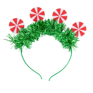 Detailed view of Christmas headband with 4 LED lights and red mint candy ornaments