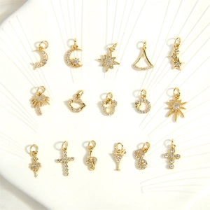 Micro-set Cubic Zirconia Pendants Gold And Rhodium Plated Copper Charms For DIY Necklace Jewelry Making Cross Star Moon Shapes