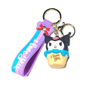 Cartoon Kuromi character ice cream keychain with purple wrist strap and gold ring
