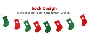 Close-up of red and green felt Christmas stocking banners with tree cutouts, 20x14cm size