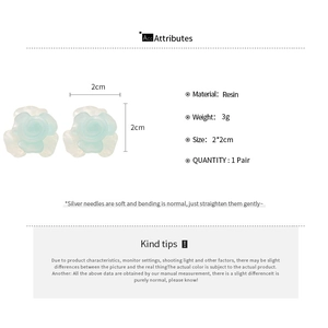 Detailed specs of floral resin earrings with size 2x2cm and silver needles shown