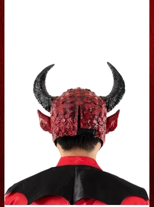 Rear view of red devil mask showing elastic strap and detailed skin texture