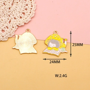Detail view of mushroom girl enamel pendant showing front, back, and 25mm size dimensions