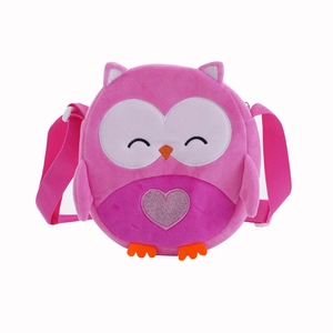 Pink plush owl crossbody bag with glitter heart embroidery and adjustable strap