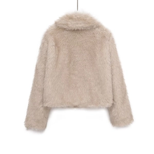 Women's beige faux fur jacket with long sleeves and lapel collar, rear view minimalist style