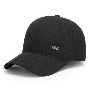 Men's wool blend winter baseball cap with ear protection and fashion metal badge