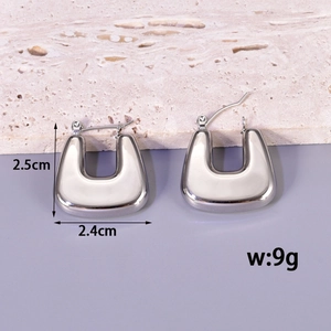 Polished silver stainless steel crescent hoop earrings with size and weight dimensions