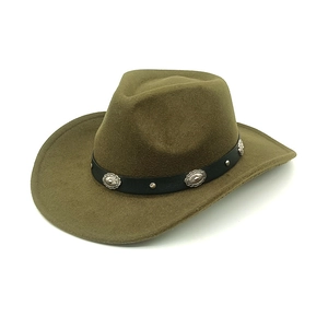 Detail of olive green felt cowboy hat with black leather band and silver metal studs