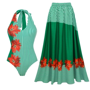 Green striped halter jumpsuit and maxi skirt set with bold red floral prints
