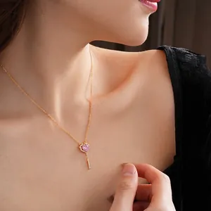 Heart Key Pendant Necklace Copper With Pink Zircon Gold Plated Sweet Light Luxury Neck Jewelry For Women