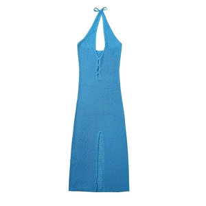 Sky blue knit halter dress with a deep V-neck and hollow-out crochet pattern on white background