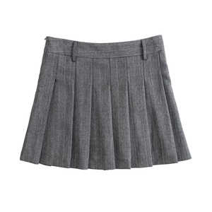 Gray pinstripe wool blend pleated mini skirt in a preppy style on white background