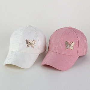 Lace baseball cap with butterfly rhinestone decoration in pink and white colors