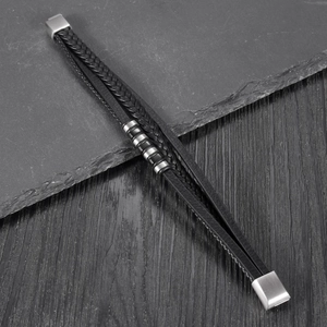 Men's multi-layer black braided leather bracelet with silver titanium steel clasp and rings