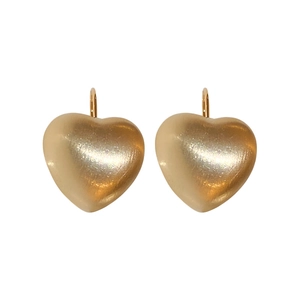 Minimalist golden heart-shaped hook earrings with a polished metallic finish on white background