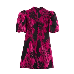 Elegant vintage jacquard mini dress with pink floral pattern and puff sleeves back view