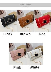 Detailed color display of square lock chain bags in black, brown, red, pink, and white