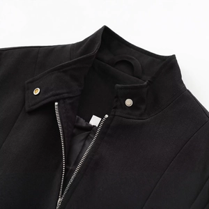 Chic black bomber jacket with stand collar, metallic zipper and snap buttons detail