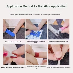 Detailed guide showing application tools and six-step process for applying press-on nails