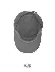 Inside view of grey flat top hat showing breathable mesh lining and interior details