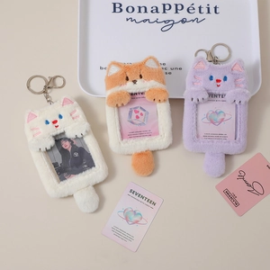 Cute plush cat-shaped card holder for idol photocards with metal keychain