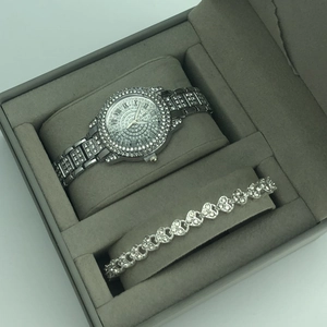 Women's silver watch and heart bracelet set with rhinestones in a premium gift box