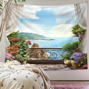 Detailed texture of Mediterranean landscape tapestry showing sea view balcony and flowers