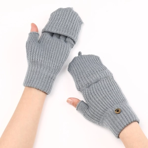 Detail of grey knitted gloves with convertible flip top and functional wood button