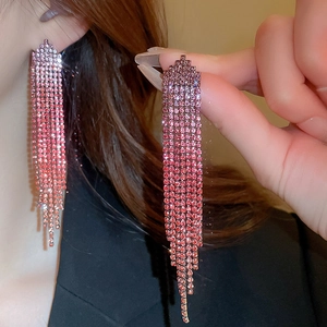 Elegant gradient red rhinestone tassel earrings with long fringe and silver needles for women
