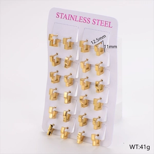 Set of gold stainless steel hoop earrings in 12.5mm and 11mm sizes on card display