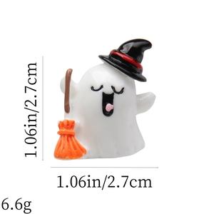 Miniature ghost figurine with black wizard hat and orange broom, 2.7cm Halloween decor