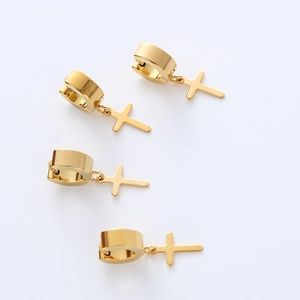 Polished gold stainless steel C-shaped huggie hoop earrings with cross pendants