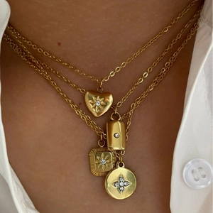Layered gold necklaces with heart, rectangular and circular zircon pendants for women
