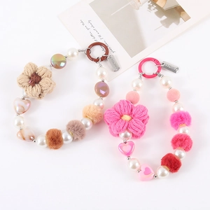 Sweet acrylic heart pearl phone lanyard with plush flowers and handmade metal tag