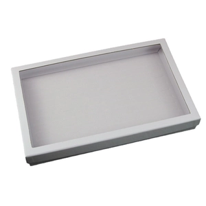White rectangular jewelry display box with transparent window for rings and earrings