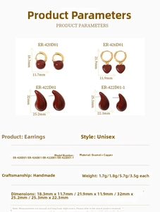 Detailed size and weight specifications for red enamel vintage hoop earrings in copper
